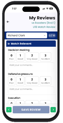 GameVote player review screen showing skill ratings on mobile